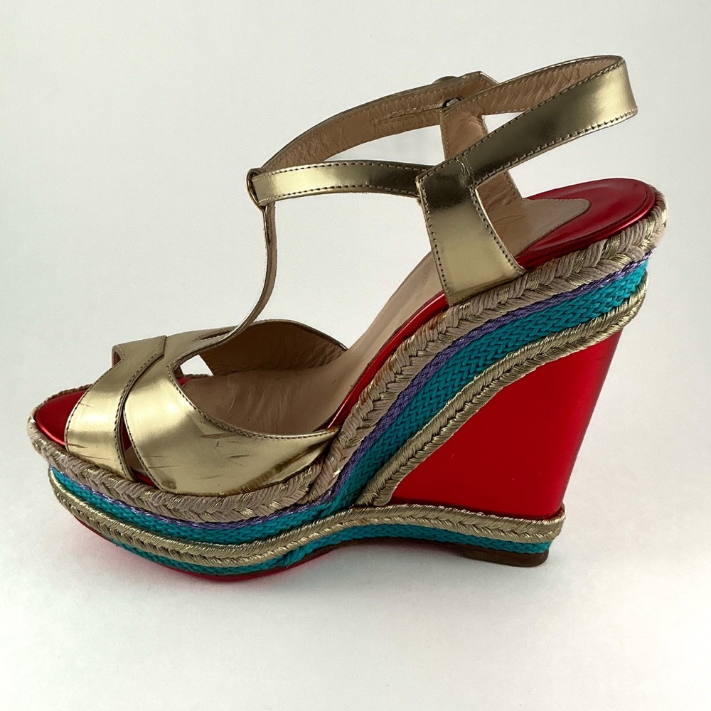 Christian Louboutin Trotolita Metallic Gold Wedge Sandals - Picture 4 of 11